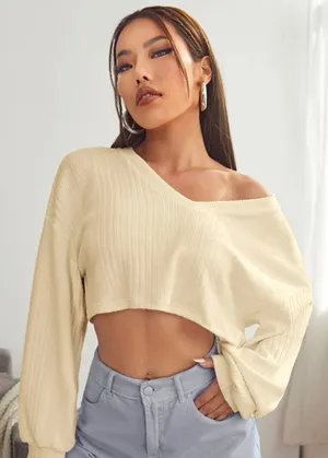 SheIn - Beige V-neck Drop Shoulder Rib-knit Crop Tee thumbnail 1