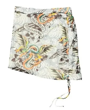 Ed Hardy Tattoo print side tie White mesh dragon paisley mini short skirt sz Med thumbnail 1