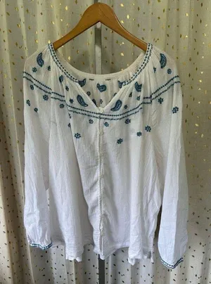 Marks & Spencer Pure Cotton Semi Sheer Embroidered Crinkle Long Sleeve Blouse 1X thumbnail 1