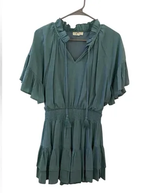 entro V-neck Ruffle Short Sleeve Smocked Waist Tiered Dress Size Medium Teal thumbnail 1