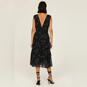AMUR Fionna Tiered Ruffle Sleeveless‎ Midi Dress Black Floral Women's Size 6 thumbnail 2