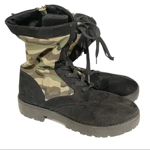 Rouge Size 10‎ Black Faux Suede Camouflage Lace Up Combat Boot Rubber Sole thumbnail 3