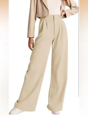 NWOT Small Cream Wide Leg Pleated Trousers Elastic Back High Rise Career Pants thumbnail 3