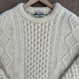 Anthropologie Vintage Celtic Country 100% Wool Irish Cable Knit Crew Neck Sweater Cream Large thumbnail 3