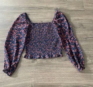 Lush Navy w/ Rust Red Floral Print Smocked Blouse w/Puff Sleeves, Size Small thumbnail 1