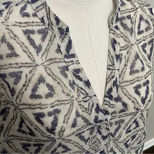 Lumière Top Tunic Sheer Split Neck Collar Lagenlook Geometric Blue Tan Ivory thumbnail 3