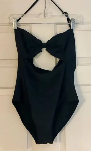 Women’s Black One-Piece Swimsuit Size Large Cutout, Scalloped Trim around Bust thumbnail 1