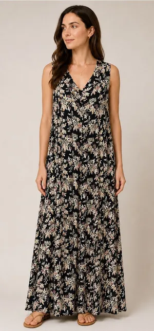 Vintage April Cornell Floral V-Neck Sleeveless Maxi Dress Black/Pink Medium thumbnail 1