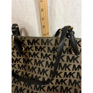 Michael Kors MK Signature Monogram Jacquard Tote Bag Black Tan Gold Hardware thumbnail 4
