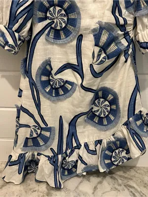 Alexis White Mini Dress with Blue Abstract Fan Print and Puff Sleeves thumbnail 4