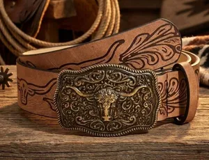 Western Bull Head Buckle Unisex‎ Belt Vintage Embossed Brown PU Leather Belt thumbnail 1