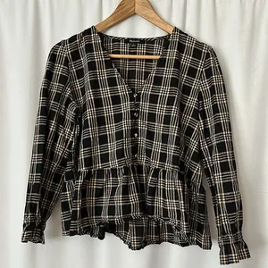 Madewell Black/Beige Checkered Long Sleeve Babydoll Shirt Top **Size S**🌸🌸 thumbnail 1