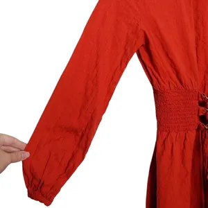 ASOS Burnt Orange Mini Dress Smocked Corset Waist Long Sleeve Cotton‎ S Pumpkin thumbnail 3