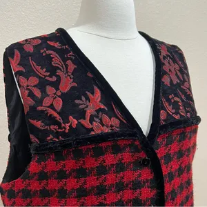 Coldwater Creek Red & Black Jacquard Floral Houndstooth Vest Velvet Trim Large thumbnail 7