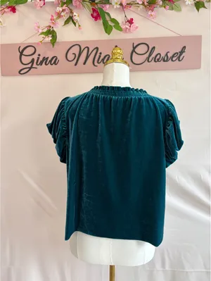 Free People Velvet Puff Sleeve Top in Teal, Size Small thumbnail 2