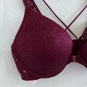 Victoria's Secret PINK Maroon Front Clasp Push-Up Strappy Back Bra 32C thumbnail 3