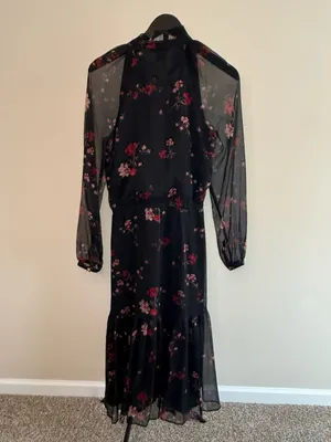 Lauren Ralph Lauren‎ Black Floral Print Crinkle Georgette Midi Dress thumbnail 3