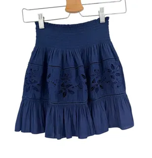 Ramy Brook Floral Eyelet Smocked Tiered Ruffle Mini Skirt Navy Blue Size XS thumbnail 1