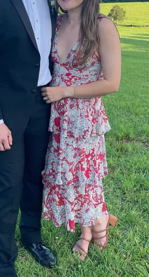 Tier Comes The Sun Red Floral Print Midi Dress thumbnail 3