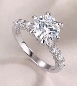 Jo Elegant 6-Prong Round Moissanite Engagement Ring with Pave Band in S925 Sterl thumbnail 1