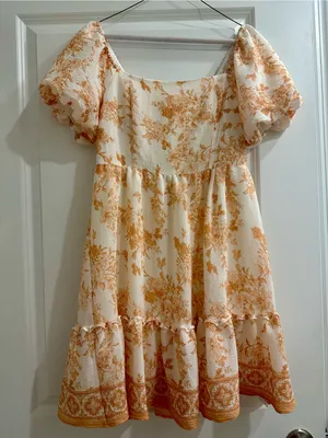 Blu Pepper Cream and Orange Floral Puff-Sleeve Ruffle Dress Size S thumbnail 1