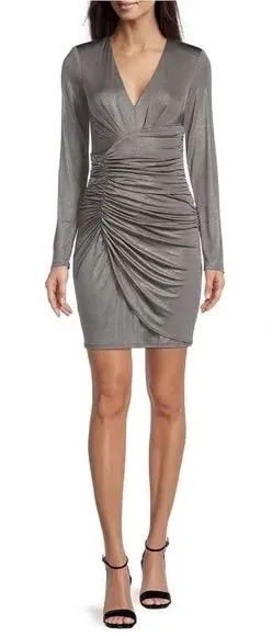 VINCE CAMUTO Silver Fitted‎ Cocktail Dress Size 2 Metallic Ruched Formal New thumbnail 1