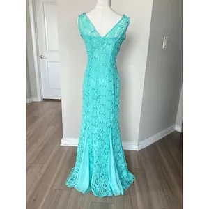 Y2K Eureka Aqua Mint Green Sequin Lace Mermaid Evening Gown Dress Medium thumbnail 6