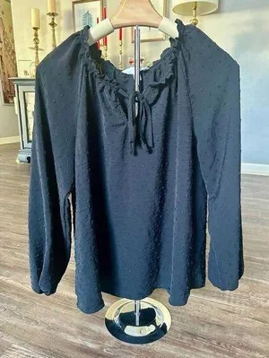 Lauren Conrad LC Black Ruffled Quarter Sleeve Blouse w/Tie thumbnail 1