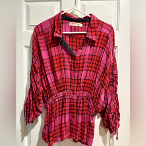 Free People Pacific Dawn plaid shirt snaps drawstring pink sz L M thumbnail 3