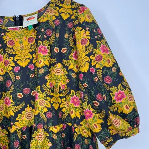 Farm Rio Arabesque Floral Mini Dress Puff Sleeve Tiered Black Yellow Large thumbnail 7
