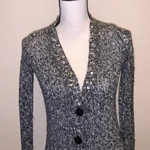 Mudd  heathered grey sequined v-neck button down sweater thumbnail 2