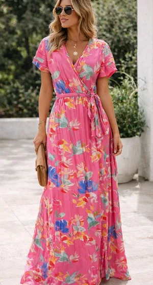 Vici Pink Floral Wrap Maxi Dress with Multicolor Blooms thumbnail 1