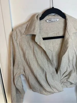 Zara Beige Linen Cropped Twist Coastal Top thumbnail 6