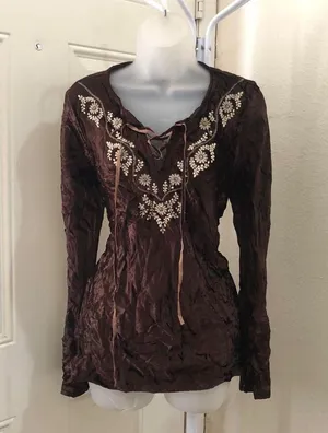 Y2K Whimsygoth Gothic Brown long bell flare sleeve blouse top shirt embroidered lace tie #boho #western #indie #hippie #country Size L-Measurement in pics thumbnail 1
