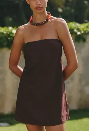 Anthropologie Celandine Linen-Blend Strapless Mini Dress Chocolate Brown Medium thumbnail 1