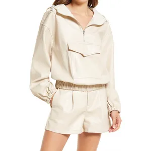 AMYLYNN Womens Darcie Hoodie Vegan Leather‎ Pocket Off White Sz Small thumbnail 4