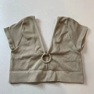 Aerie Ribbed O Ring Cutout Crop Top Beige Short Sleeve Size M thumbnail 2