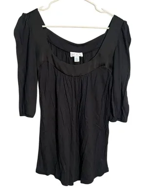 Loft Women's Size Small Square Neck Blouse‎ Puff Sleeve Black Satin Trim Modal thumbnail 1