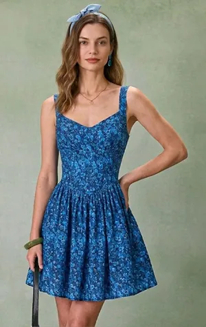 Rihoas Blue Floral U-Neck Shirred Mini Dress thumbnail 1