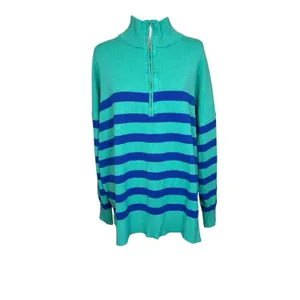Wiholl Half Zip Mock Neck Sweater Size XL Turquoise Blue Striped Preppy Coastal thumbnail 2