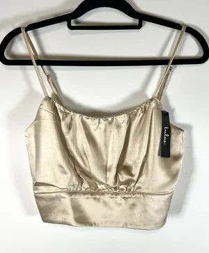 Lulu’s NWT Beige Satin Tie-Strap Cropped Tank Top‎ Size M Zip Up Back thumbnail 1