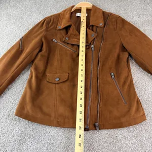 John + Jenn Moto Jacket‎ Women L Brown Faux Suede Biker Asymmetrical Zip Coat thumbnail 3