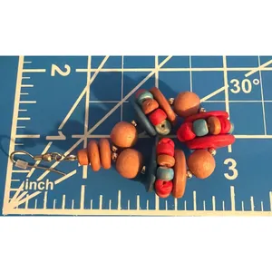 Vintage Southwestern Dangle Earrings Terra Cotta Red Blue Beads Hooks 3" Estate thumbnail 3