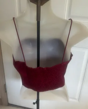 Le Lis Med Burgundy Satin Corset smocked back Spaghetti strap Crop Top thumbnail 2