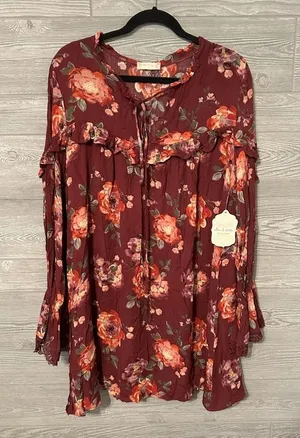Altard State Burgundy Floral Ruffle Lace Sleeve Tunic‎ Dress Size L thumbnail 1
