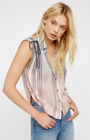 Free People Ombré Baby Blue Striped Button-Down Shirt with Tie Sleeves thumbnail 1