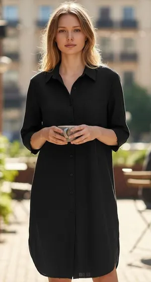 Lauren Ralph Lauren Black Button Front Midi Shirt Dress‎ Raw Edge Sleeve Pocket thumbnail 1