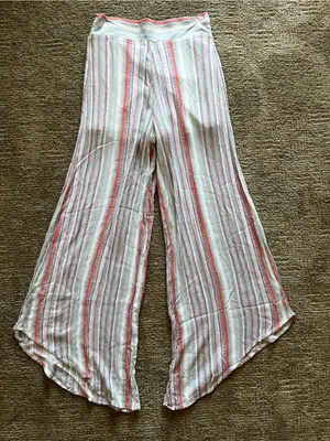 Striped Wide-Leg asymmetrical flowy bohemian Pants in Cream and Coral thumbnail 1
