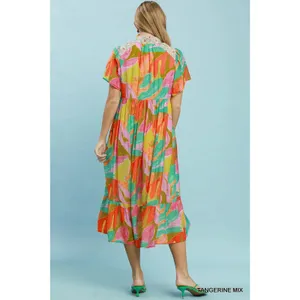 Umgee Abstract Tropical Print Tiered Midi Dress - Tangerine Mix - Small thumbnail 3