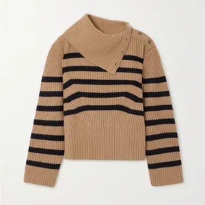 Simkhai Cashmere Wool Adrienne Striped Button Turtleneck Brown Sweater thumbnail 5